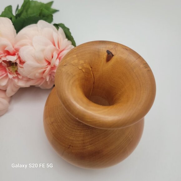 Vintage Hand Crafted Hand Turned Wooden Bud Vase BOHO 4" Blonde Wood - Picture 3 of 12